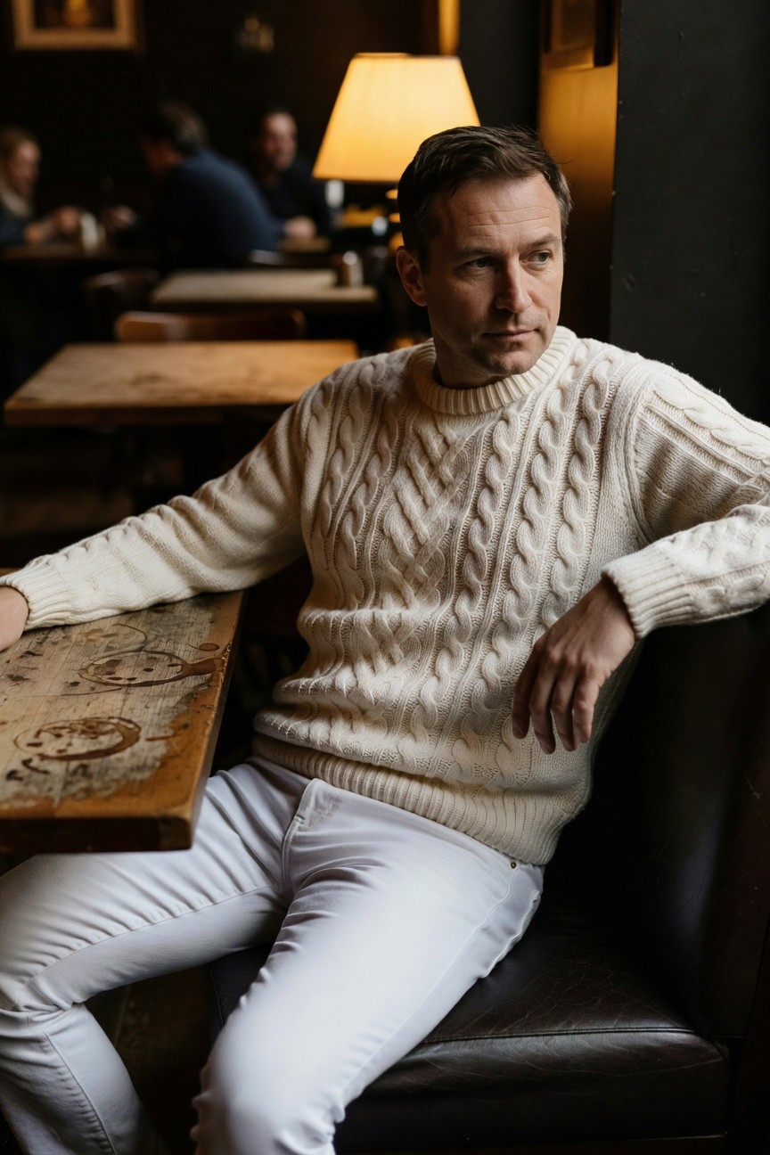 Man in cream cable-knit sweater and slim white pants leans casually on a wooden table in a dimly lit bar with warm lamp glow and blurred background patrons