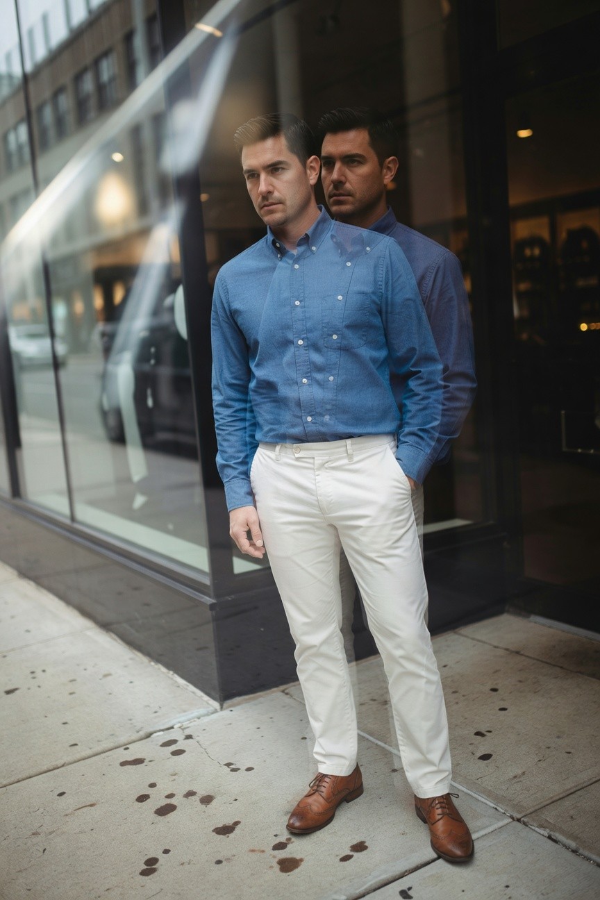 Two men in light blue chambray button-up shirts and slim white chinos stand casually outside a modern glass building on a wet urban sidewalk, front figure with hands in pockets and brown loafers, evoking polished everyday style