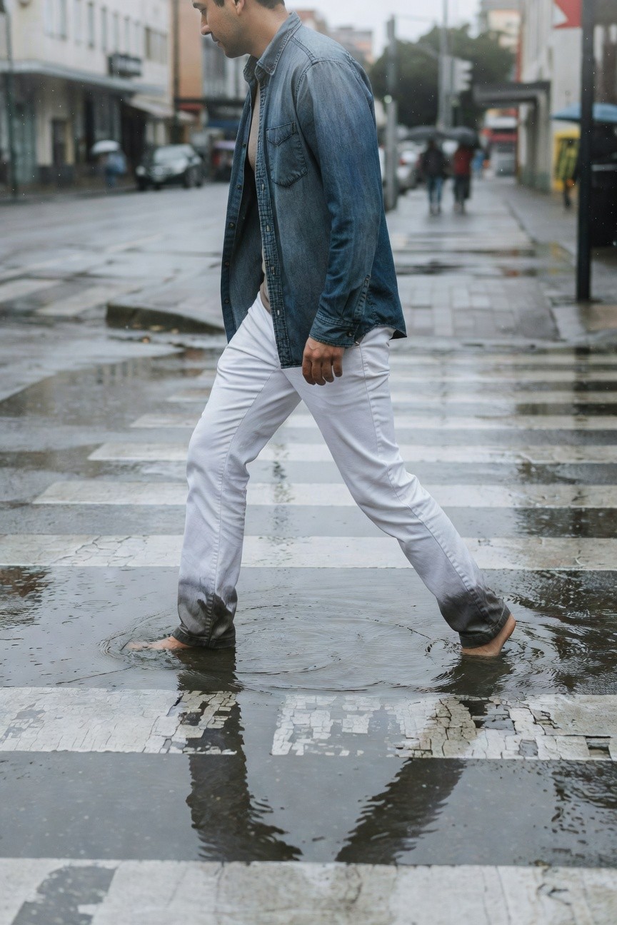 A man in an open chambray shirt and slim white pants walks confidently across a flooded urban crosswalk in the rain, hems darkened and wet, evoking casual resilience