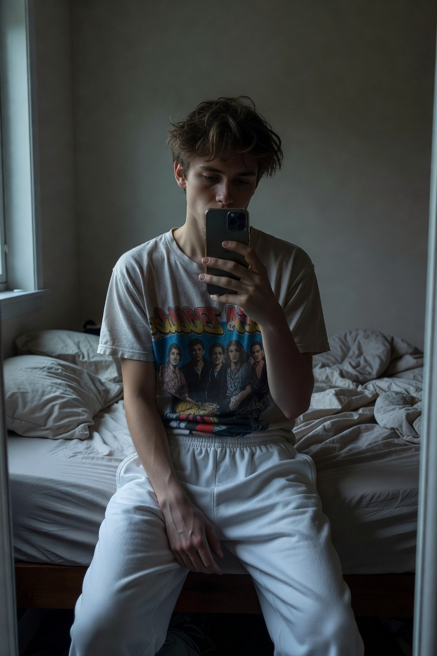 Young man with tousled hair sits casually on a rumpled bed in a dimly lit bedroom, wearing a loose white Def Leppard band t-shirt with colorful 80s rock graphic and matching baggy white sweatpants, holding his phone for a mirror selfie, relaxed lounge vibe