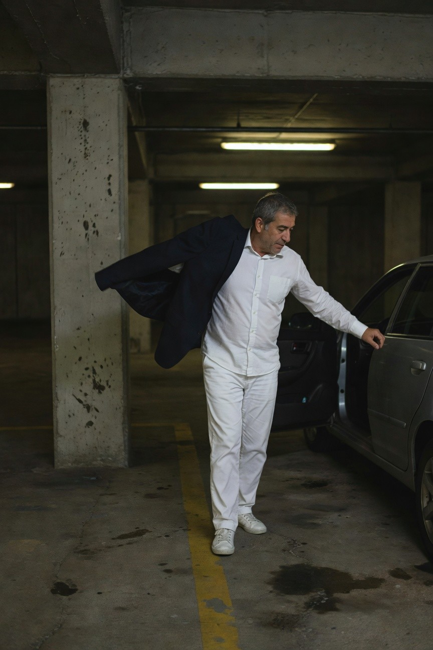 Middle-aged man with short graying hair in a dimly lit parking garage, wearing a white button-up shirt with rolled sleeves, slim white trousers, white sneakers with yellow side stripes, navy blazer draped over one shoulder, hand on the door of a silver sedan