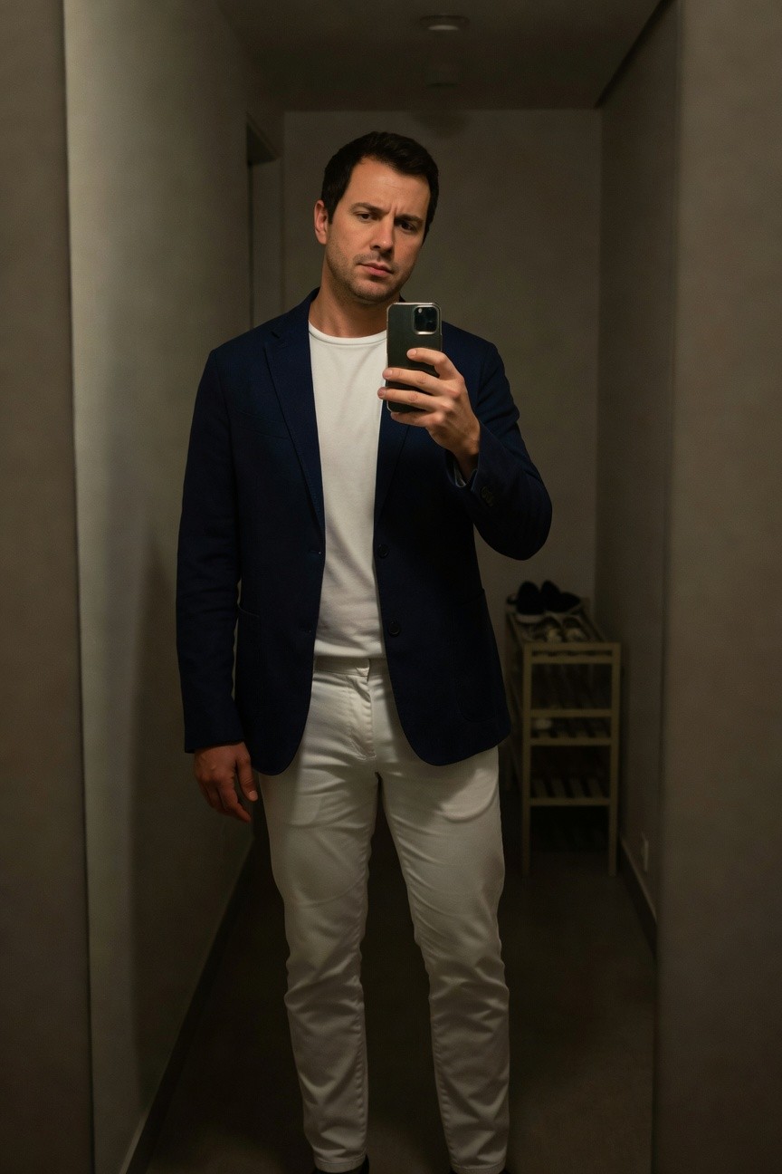 Man taking a mirror selfie in a narrow hallway wearing a navy blue blazer over a white t-shirt tucked into slim white pants with black shoes visible on a shoe rack nearby