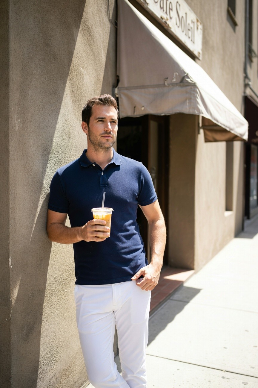 Handsome man in fitted navy short-sleeve polo shirt and slim white chinos leans against beige stucco wall outside Cafe Soleil, holding tall iced coffee cup, sunny urban sidewalk setting
