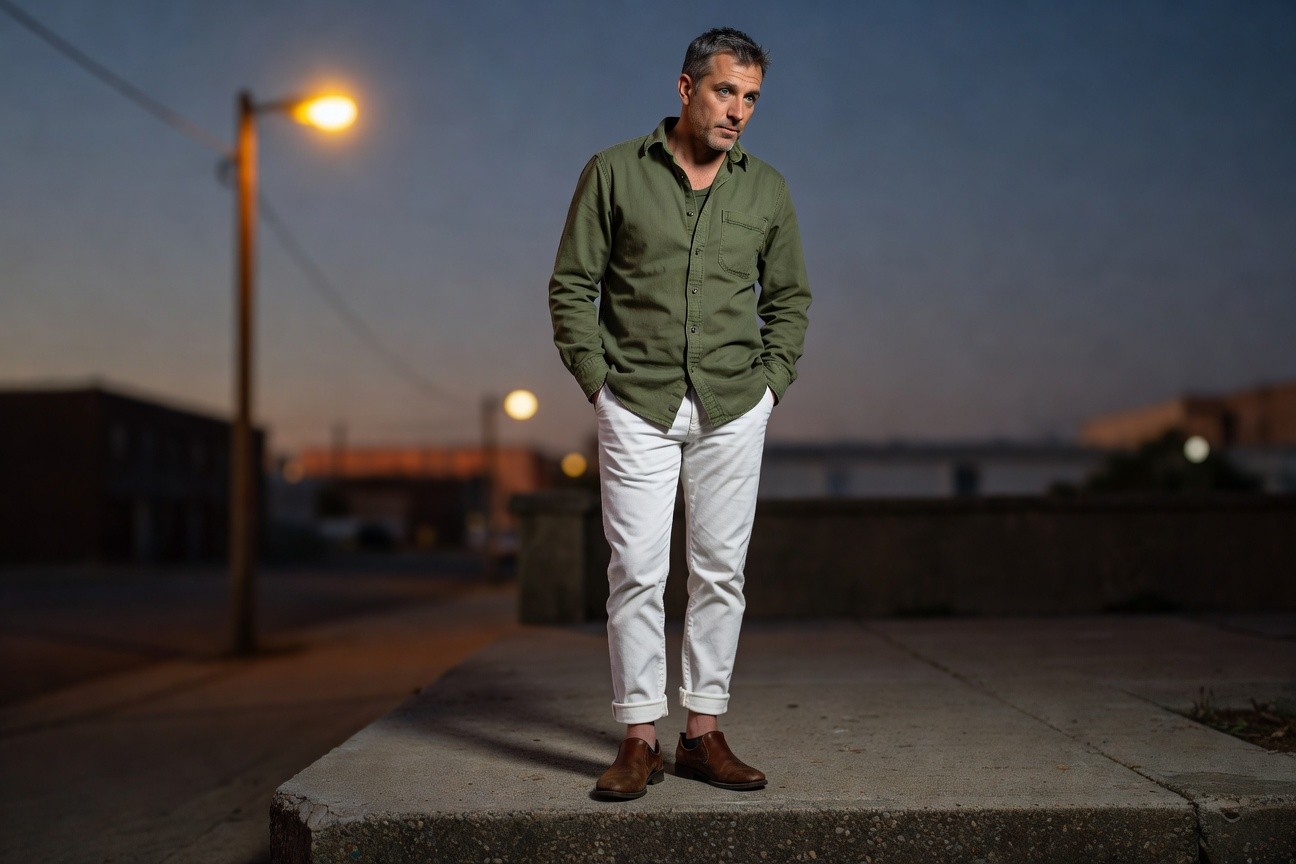 A stylish man in an olive green button-down shirt with sleeves rolled up, white slim-fit pants cuffed at the ankles, and brown loafers, posing confidently on a urban sidewalk at dusk with glowing streetlights and buildings in the background.