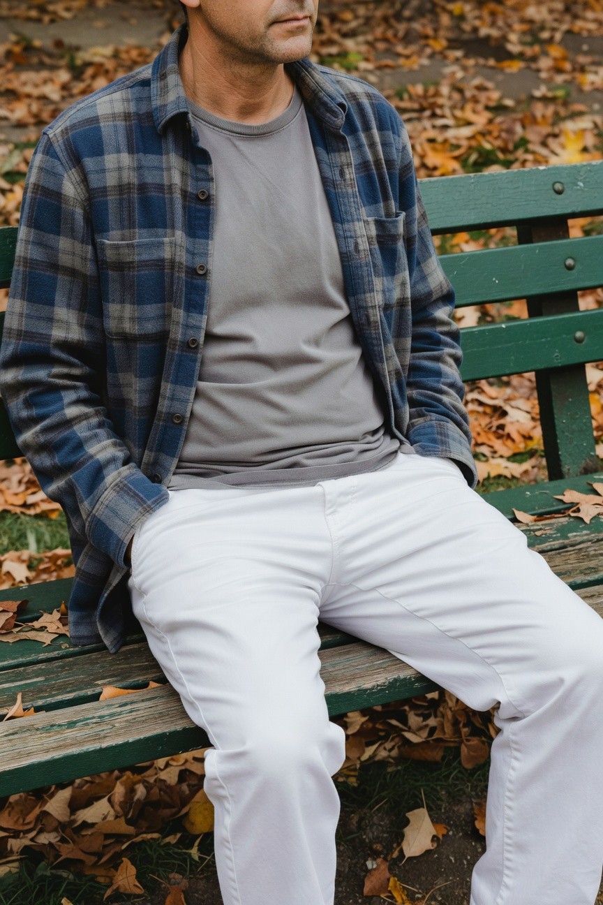 Man in open blue plaid flannel shirt over gray t-shirt and white pants sits relaxed on green park bench amid orange fall leaves on the ground