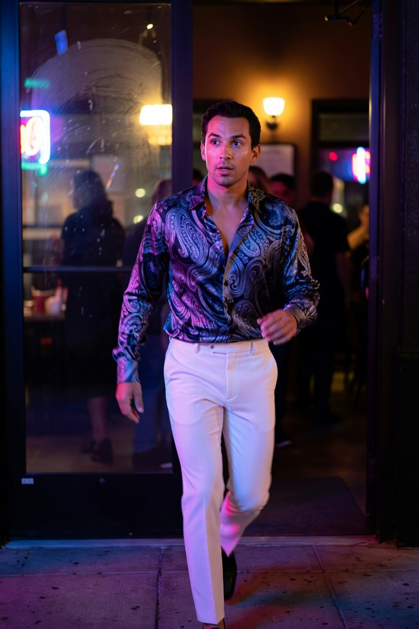 A stylish man in a shimmering black paisley silk shirt with purple undertones, partially unbuttoned, paired with slim white trousers and black loafers, striding confidently out of a neon-lit bar entrance at night.