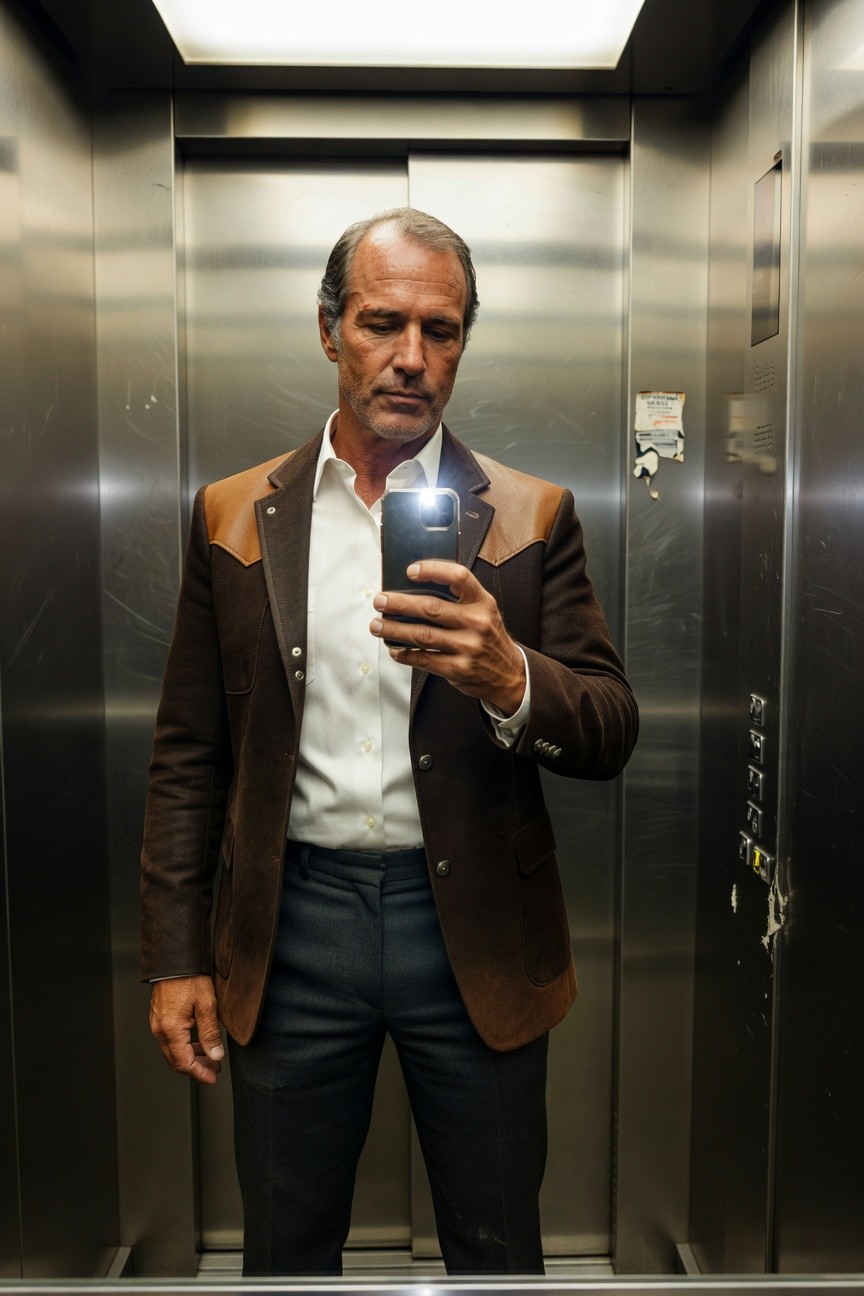 Man in elevator selfie wearing brown suede blazer with white shoulder yoke over white dress shirt, dark slim trousers, holding phone