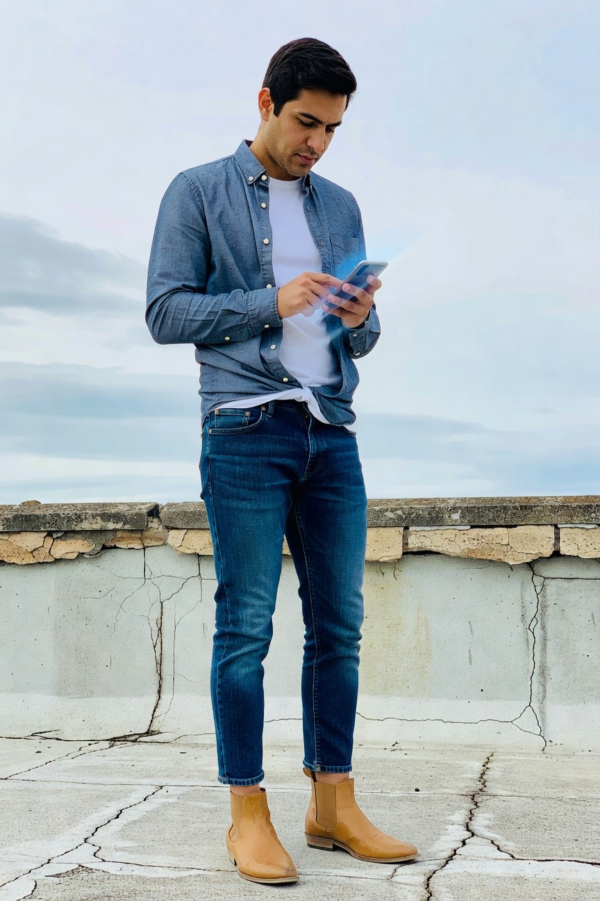 Man in light blue chambray shirt unbuttoned over white t-shirt, slim blue jeans, and tan suede Chelsea boots, standing casually on rooftop