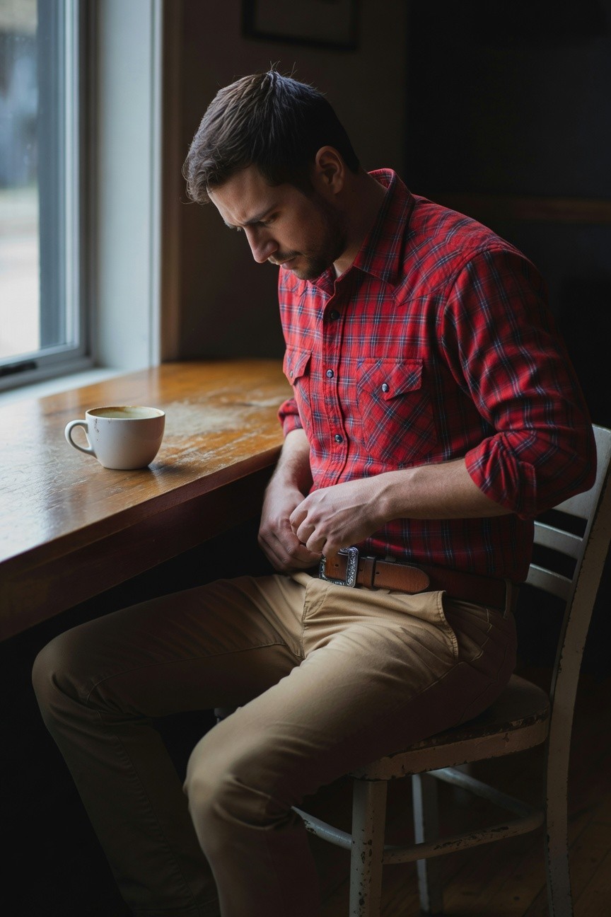 Man sitting at a wooden table wearing a red and black checkered flannel shirt tucked into khaki chinos with a brown belt visible hand adjusting the buckle white coffee mug nearby indoor setting