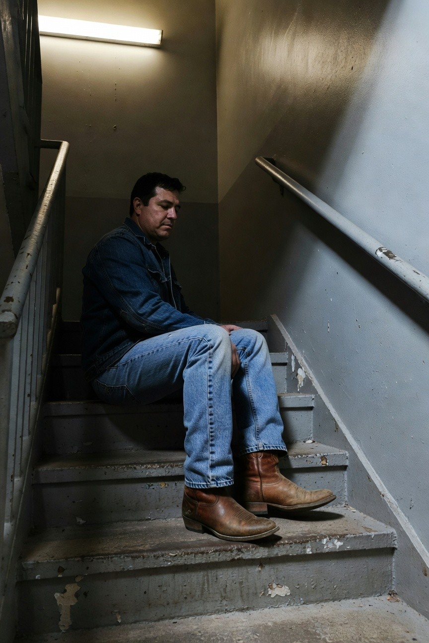 Man sitting on concrete stairs in dark blue denim jacket, blue jeans, and brown leather cowboy boots, indoor stairwell setting