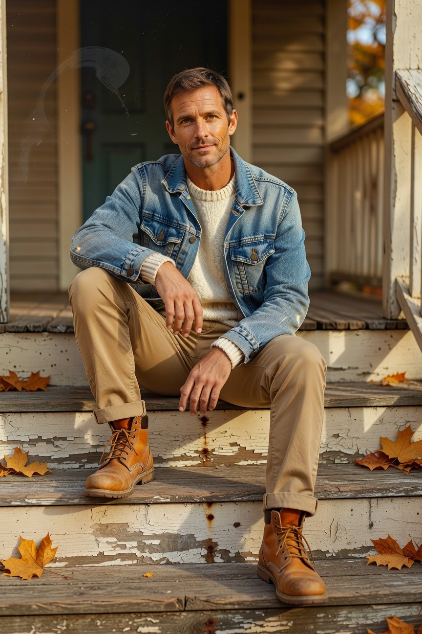 Man in his 40s with short brown hair sits casually on weathered wooden porch steps wearing an open faded light blue denim jacket over a cream cable-knit turtleneck sweater, slim khaki pants cuffed at the ankles, and tall brown leather boots, hands relaxed in pockets, autumn leaves scattered nearby