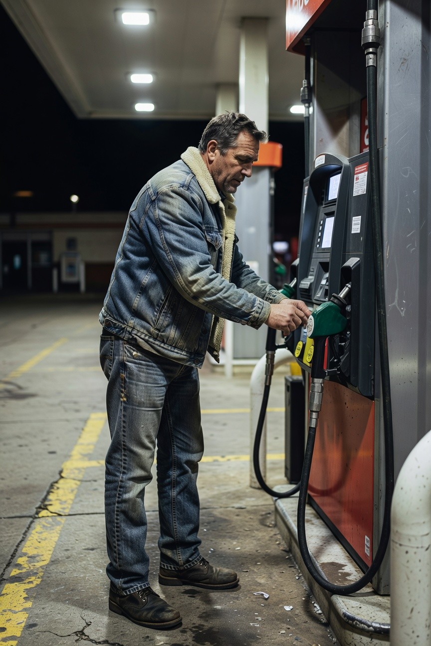 Man in faded denim jacket with shearling collar, hoodie layer, straight blue jeans, and brown work boots, leaning into a gas pump at night under station lights