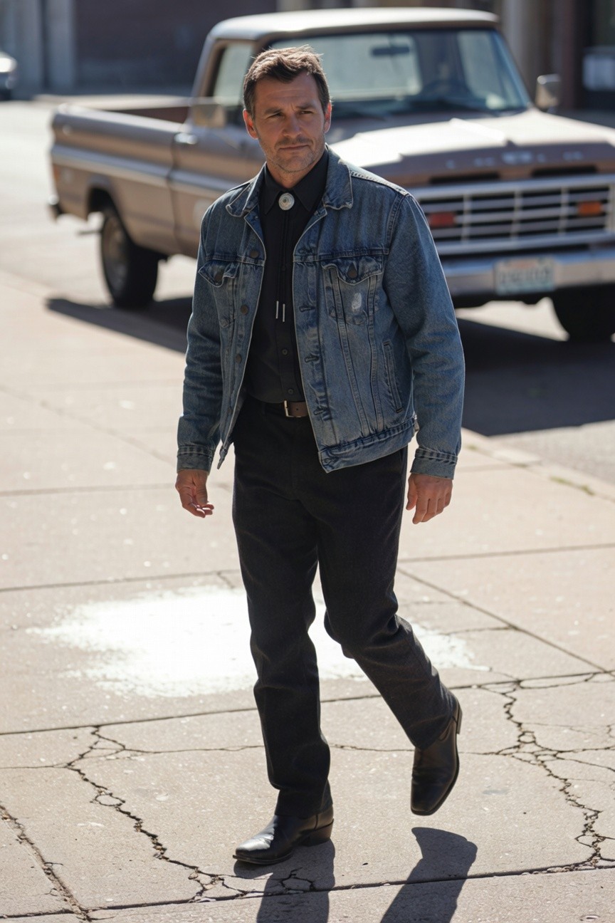 Man in light wash distressed denim jacket layered over black turtleneck, black slim pants, and square-toe black boots, standing on cracked pavement for a sharp cowboy-inspired look
