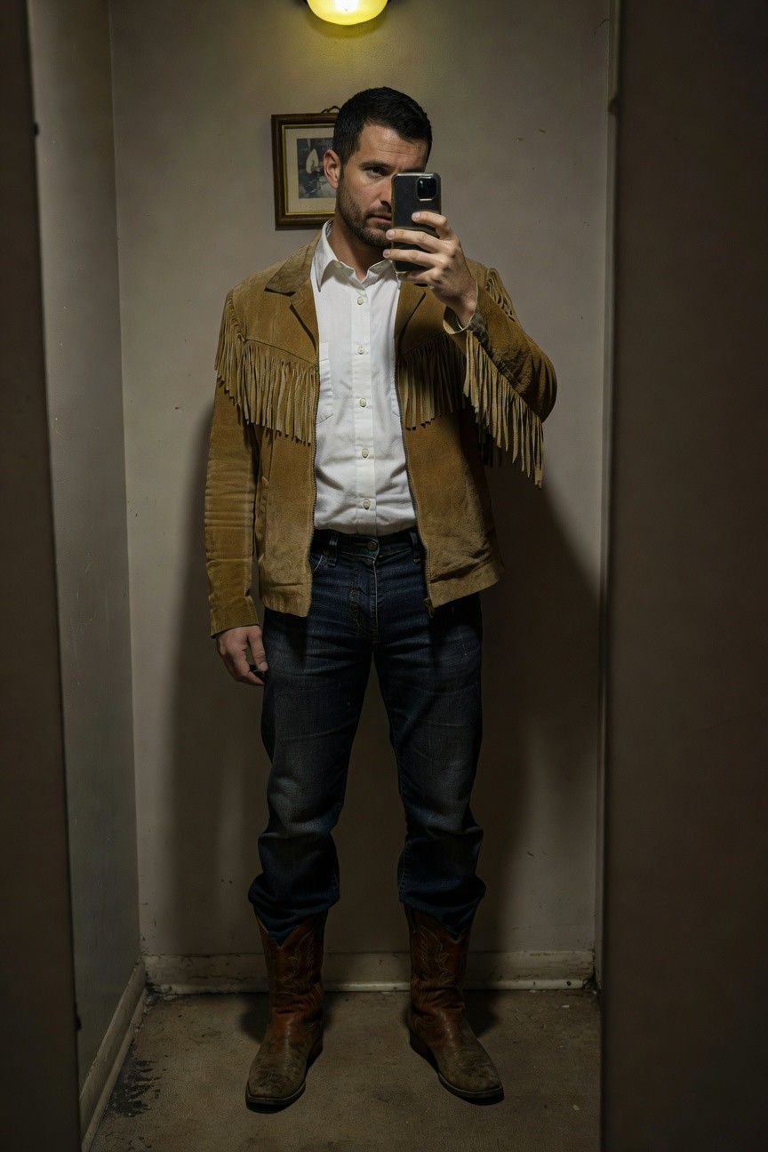 Fringed Tan Jacket with Jeans and Boots