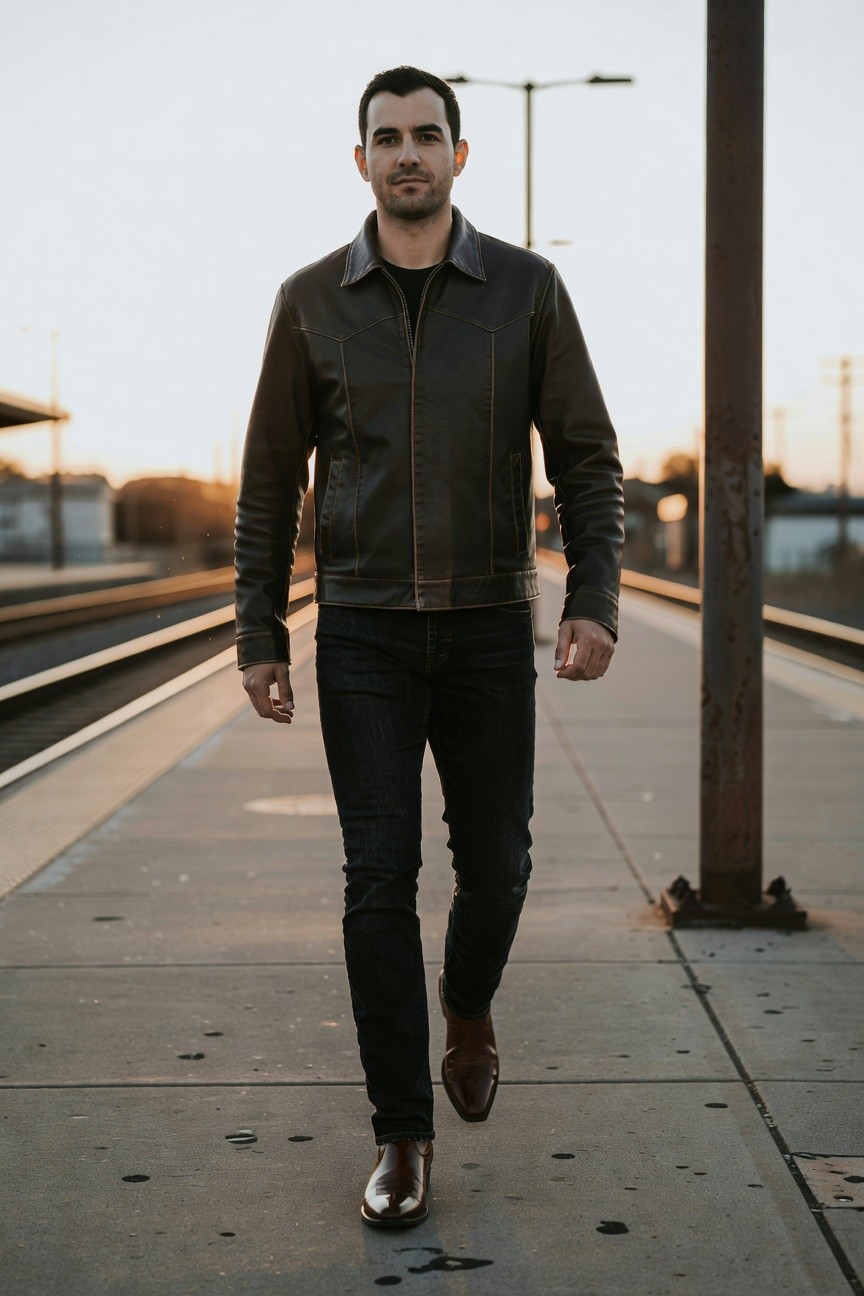 Man walking on train platform in dark brown zip-up leather jacket over black t-shirt, slim black jeans, and shiny brown leather dress shoes, evoking elevated cowboy style