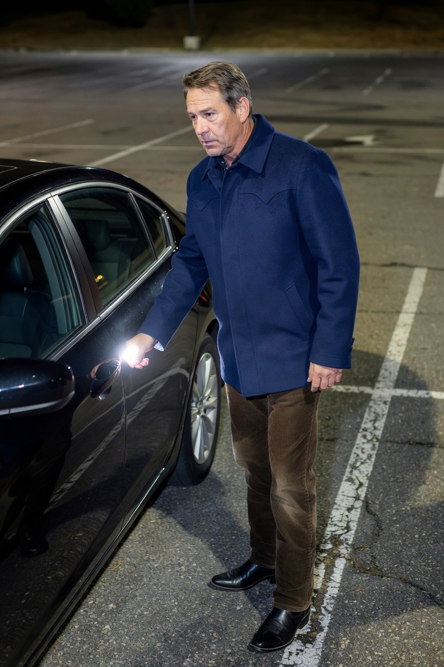 Man in navy wool coat with western-style yoke, brown trousers, and black dress shoes unlocking a black sedan door in a nighttime parking lot