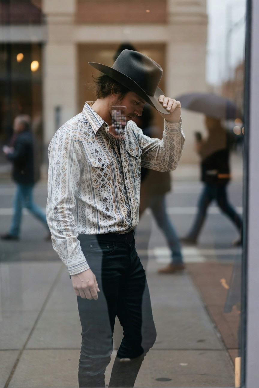 Man in gray cowboy hat, embroidered white western shirt, and slim black jeans standing by a window with drink in hand