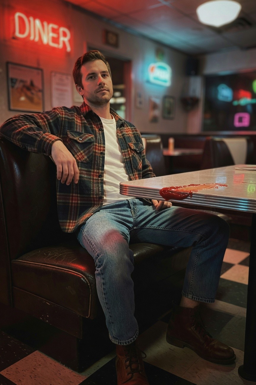 Man in red-and-black plaid flannel shirt open over white t-shirt, blue jeans, and brown leather boots, seated casually at diner booth table