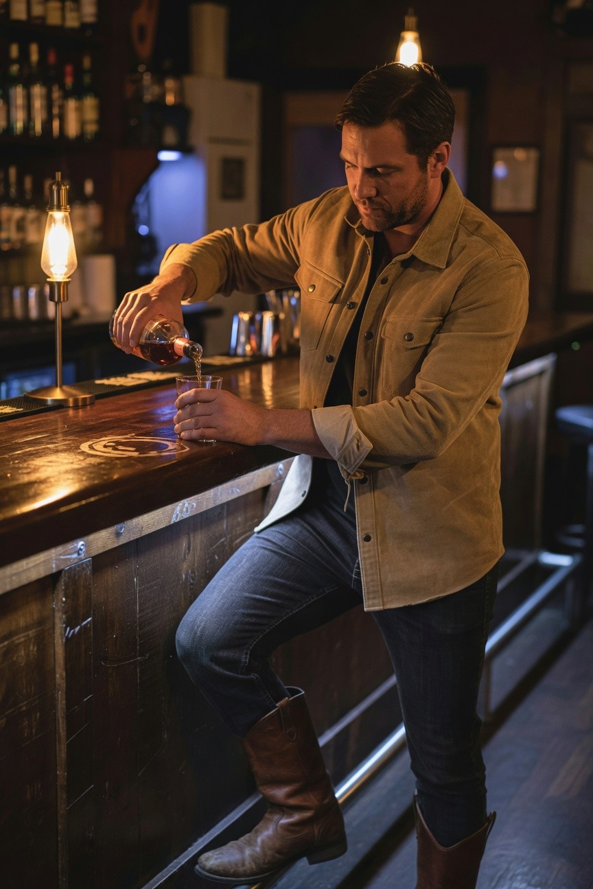 Man leaning on wooden bar in tan open shacket over dark t-shirt slim dark jeans and tall brown cowboy boots pouring amber drink into glass warm bar lighting