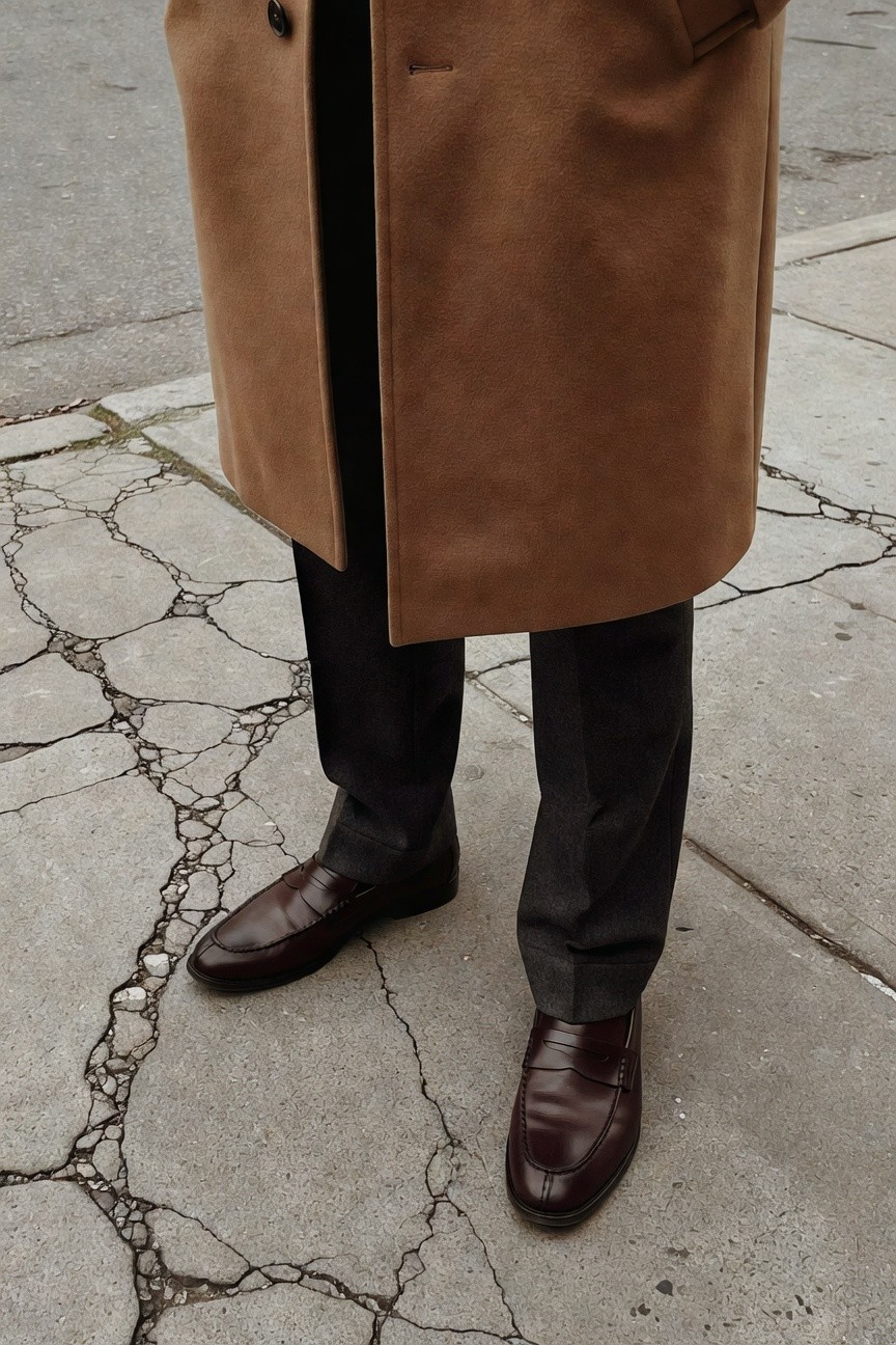 A man stands on a cracked urban sidewalk wearing a long camel-colored wool overcoat left open over slim charcoal trousers and polished burgundy tassel loafers, evoking relaxed minimalist style.