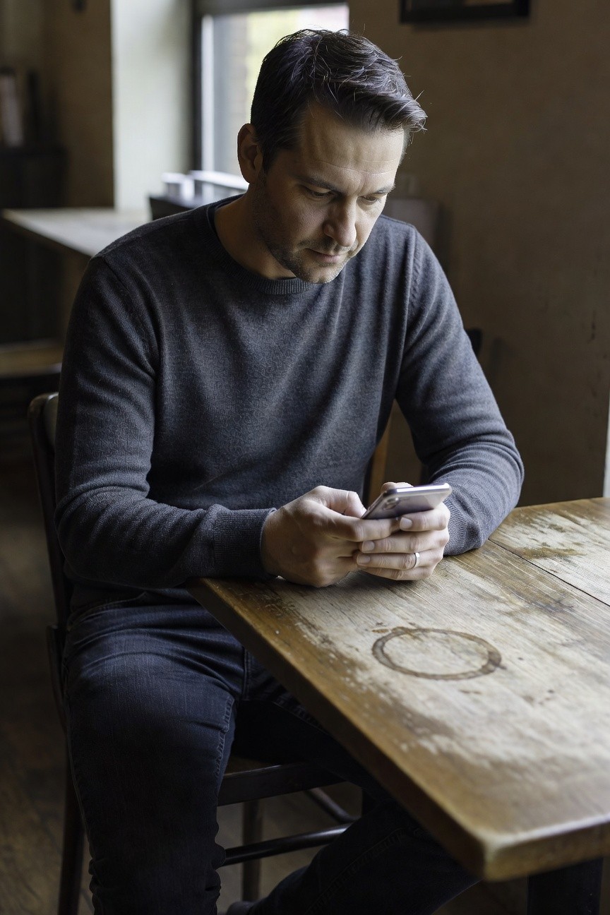 Man in relaxed gray crewneck sweater and dark slim pants sits at a rustic wooden table in a cozy cafe, focused on his phone with natural light filtering through the window