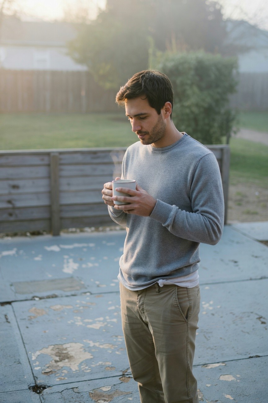 Man in light gray knit sweater and khaki chinos stands pensively on a weathered deck at dawn, holding a steaming white mug, soft sunlight filtering through trees and fence in a serene backyard setting