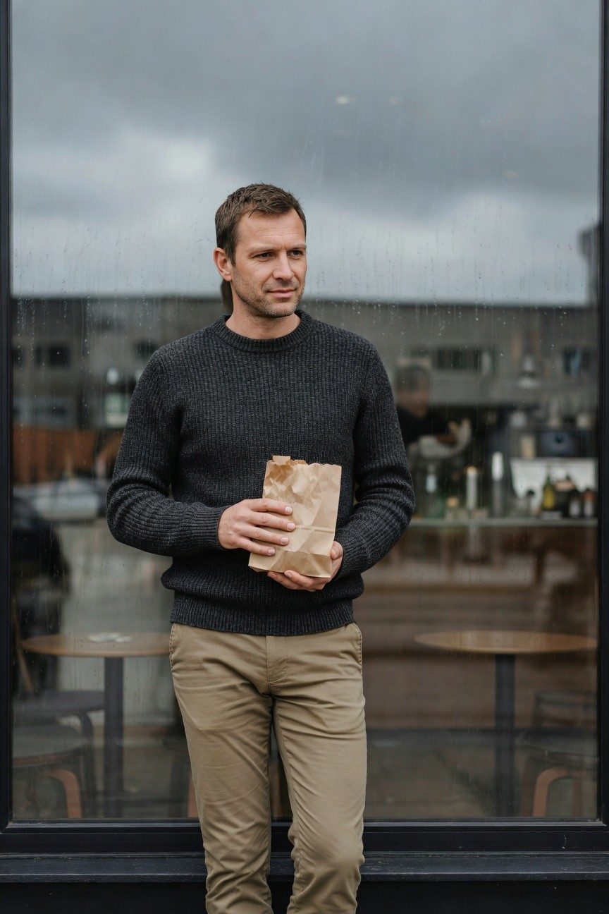 Man in his 30s with short brown hair stands thoughtfully outside a large glass window on a cloudy day, dressed in a chunky dark grey knit crewneck sweater, light beige chinos, and simple shoes, holding a crumpled brown paper bag in both hands against a blurred cafe interior backdrop.