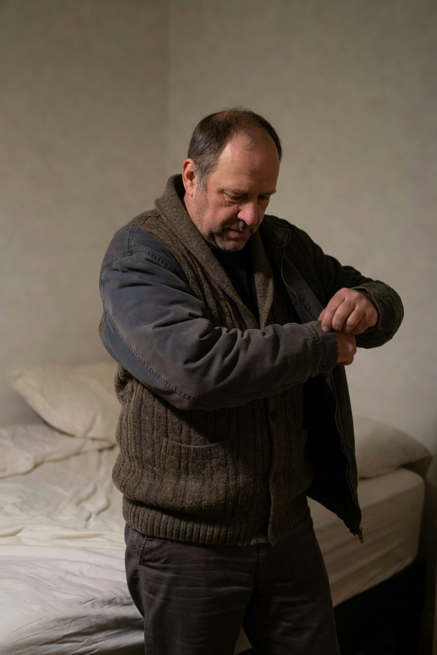 Middle-aged man in an open brown cable-knit cardigan vest over a dark turtleneck sweater and gray trousers, checking his watch in a softly lit bedroom with white pillows on the bed