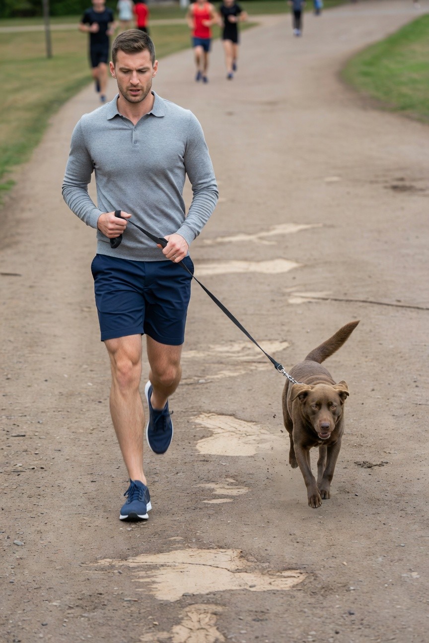 Athletic man in light grey long-sleeve polo shirt and navy mid-thigh shorts jogs on a dirt path with a brown Labrador on a leash, surrounded by green grass and distant runners
