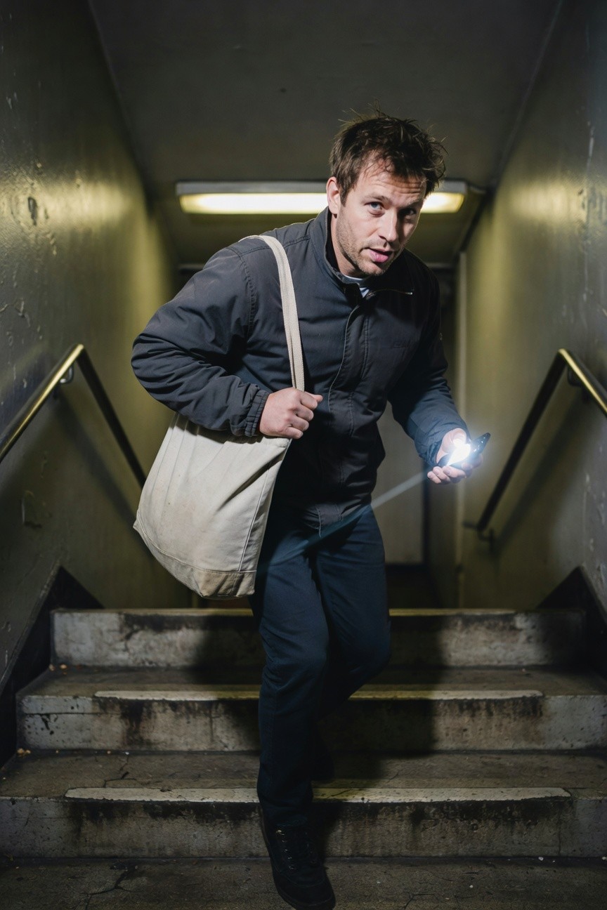Man descending dimly lit concrete stairwell at night, wearing charcoal parka jacket, beige canvas tote bag over shoulder, dark pants and boots, holding phone flashlight beam ahead