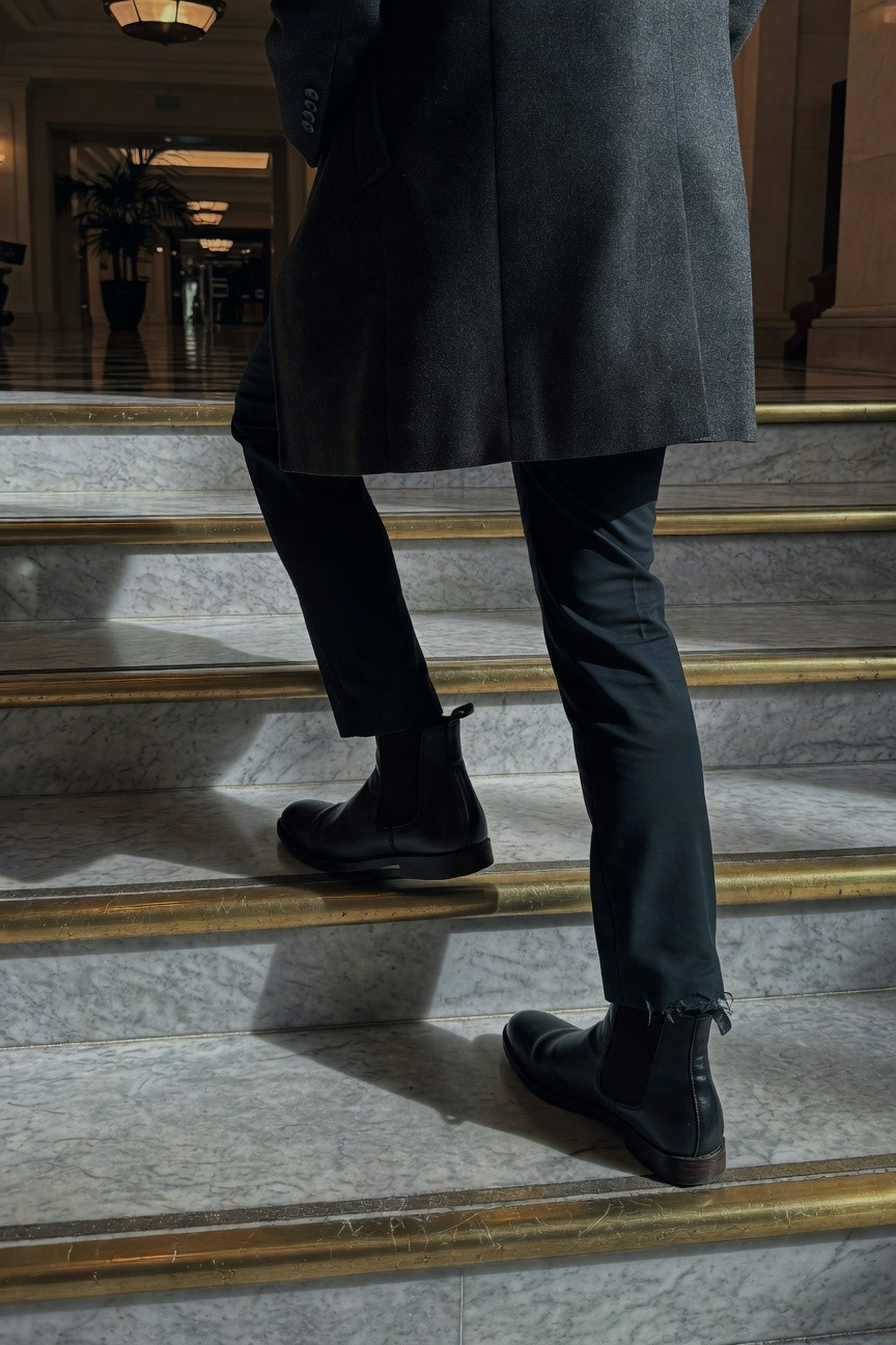 Rear view of a man in a long dark grey overcoat, slim black trousers, and black Chelsea boots ascending a marble staircase edged in gold in a luxurious hotel lobby with chandelier lighting and potted plants