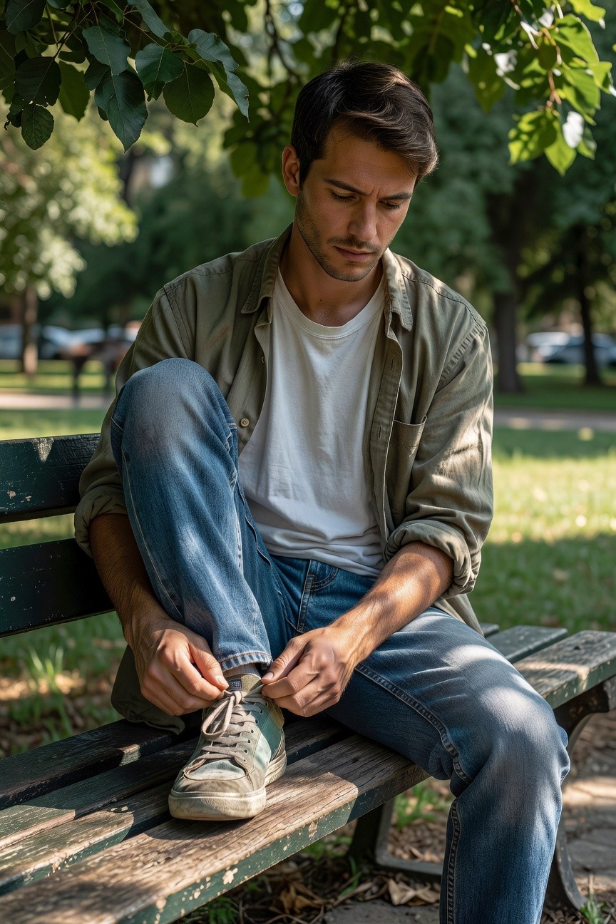 Young man with short dark hair sits on a weathered green park bench under shady trees, wearing an open olive green cotton shirt jacket over a white t-shirt, slim faded blue jeans cuffed at the ankles, and white canvas sneakers with green laces, focused on tying one shoe in dappled sunlight