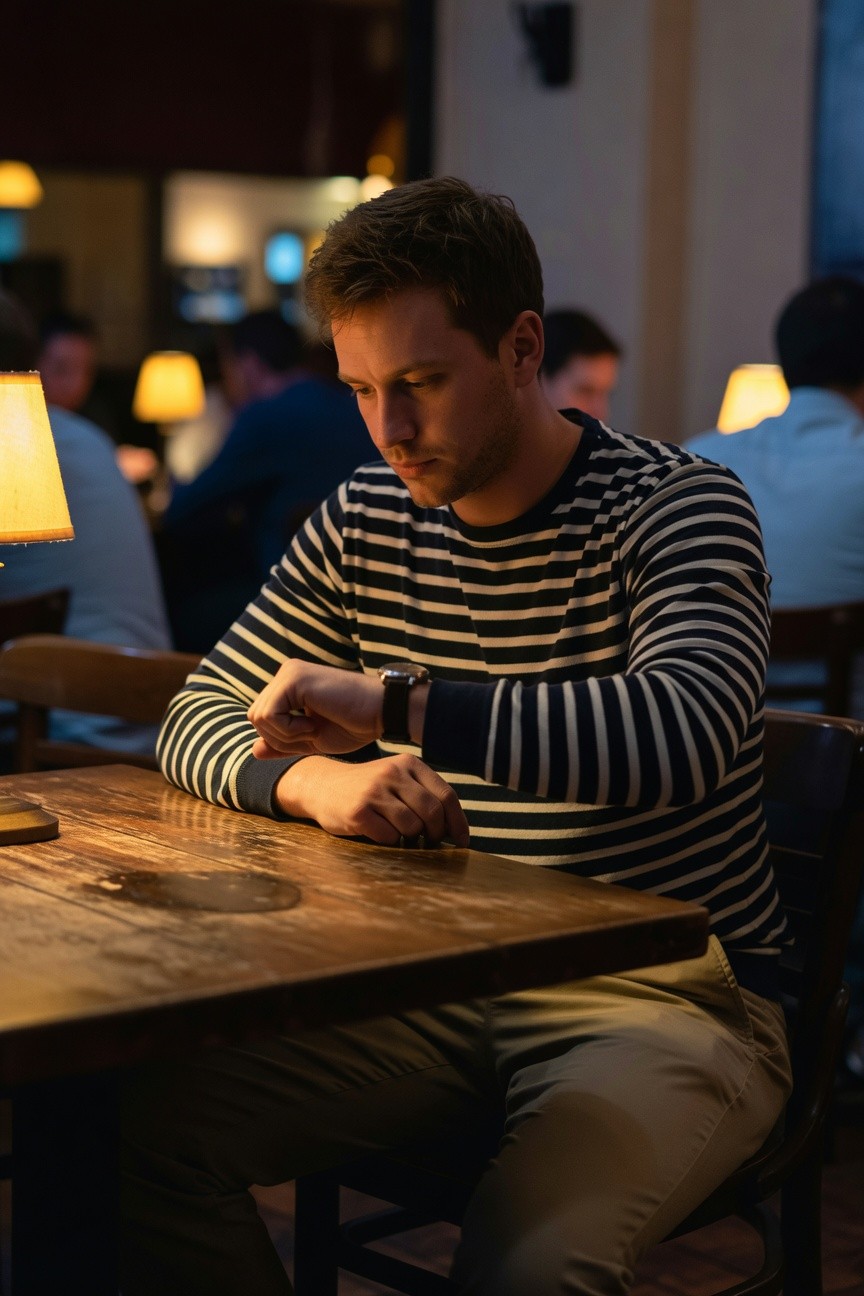 Man with short brown hair in navy-and-white striped long-sleeve sweater and khaki chinos sits at wooden restaurant table, leaning forward with elbows on surface while checking leather-strap watch, warm ambient lighting from lamps and blurred diners in background