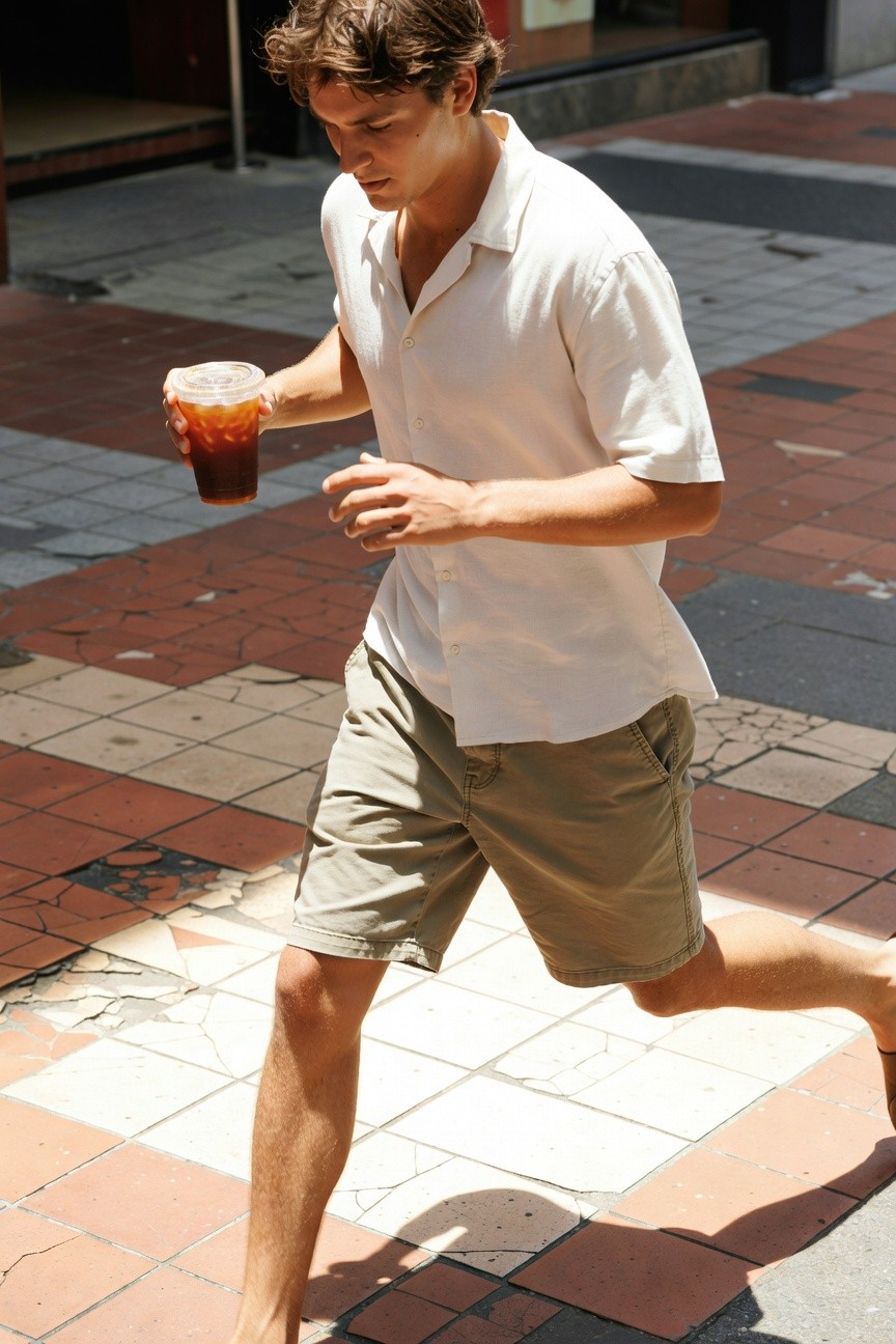 Young man with tousled brown hair jogging barefoot on a sunny urban walkway in a loose white short-sleeve button-up shirt with open collar, khaki mid-thigh shorts, holding a plastic cup of iced reddish drink, red-tiled pavement and shopfronts in background