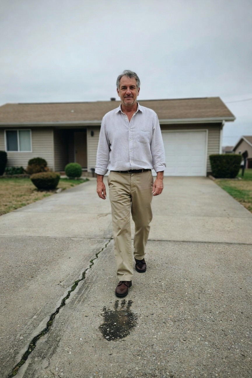 Middle-aged man with graying hair walking casually on a suburban driveway in front of a beige house, wearing a loose white button-up shirt with rolled sleeves, beige khaki pants, brown belt, and brown shoes under overcast skies