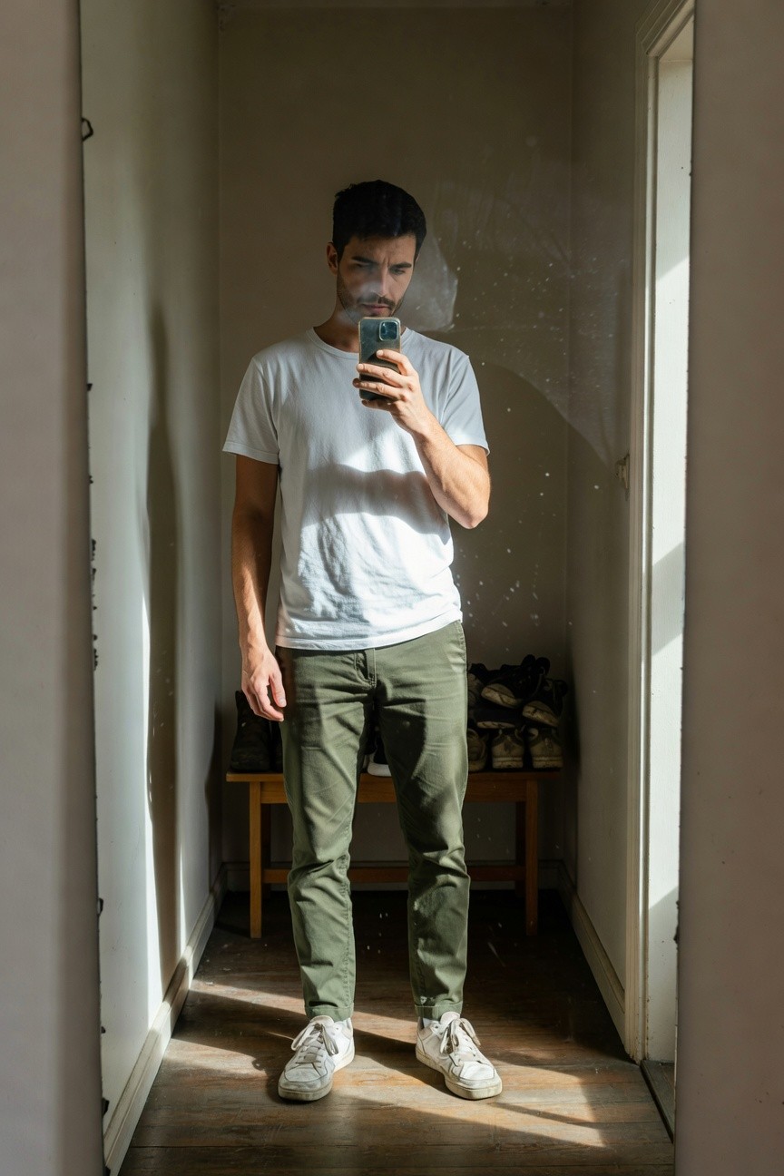Mirror selfie of a man in a loose white cotton t-shirt, slim olive green chinos, and white sneakers, standing relaxed in a sunlit narrow hallway with wooden floor and bench