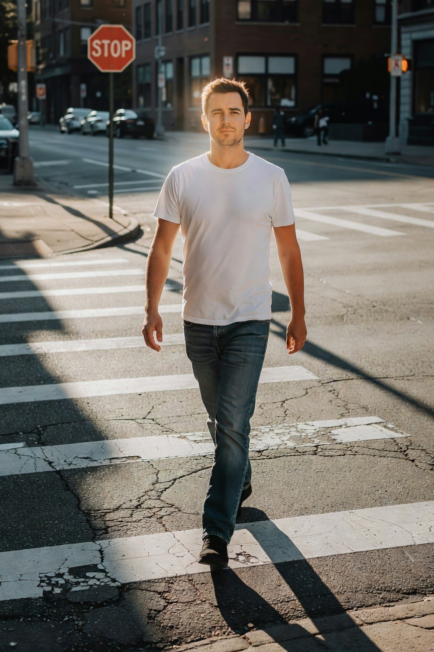 Handsome man with short hair crossing a sunlit urban zebra crossing in a fitted white t-shirt, straight blue jeans, and black sneakers, stop signs and brick buildings in background