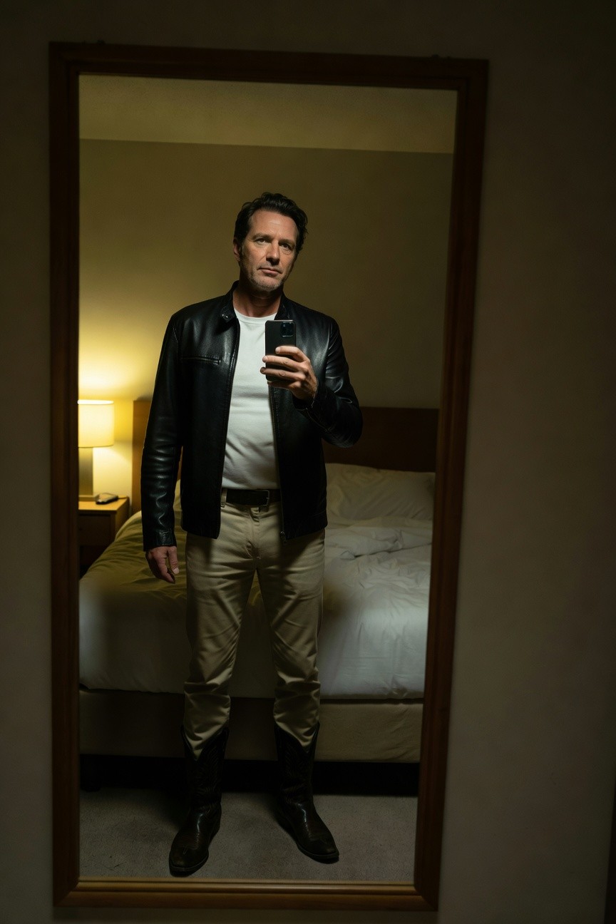 Man in black leather jacket over white t-shirt, khaki chinos, black belt, and tall black cowboy boots, mirror selfie in bedroom