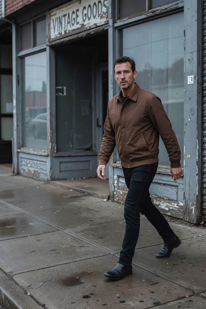 Man walking on urban sidewalk in brown zip-up jacket, black slim jeans, and black leather boots, modern clean style