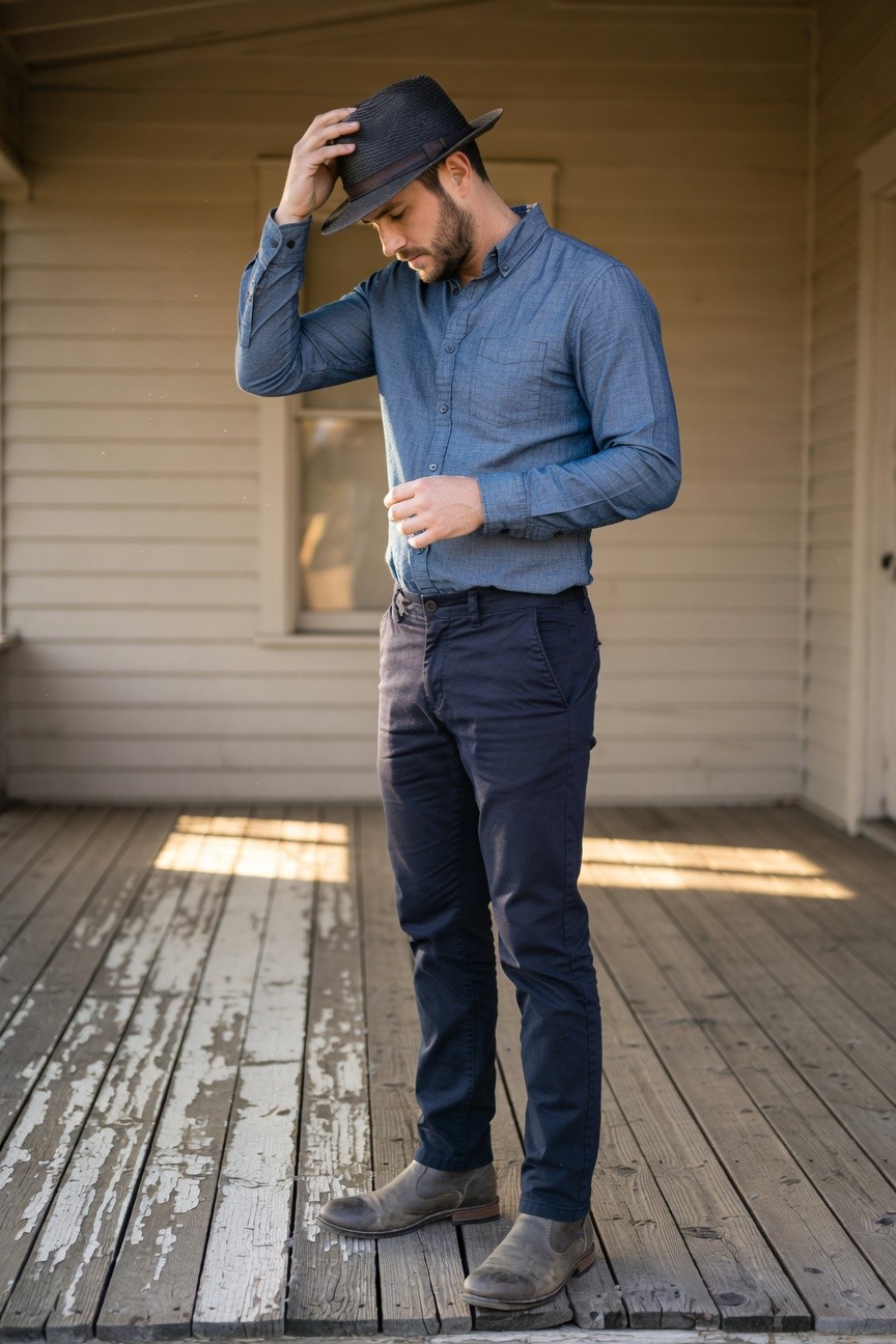 Man in chambray button-down shirt, slim navy chinos, gray suede boots, and dark fedora hat, standing casually with hand on head