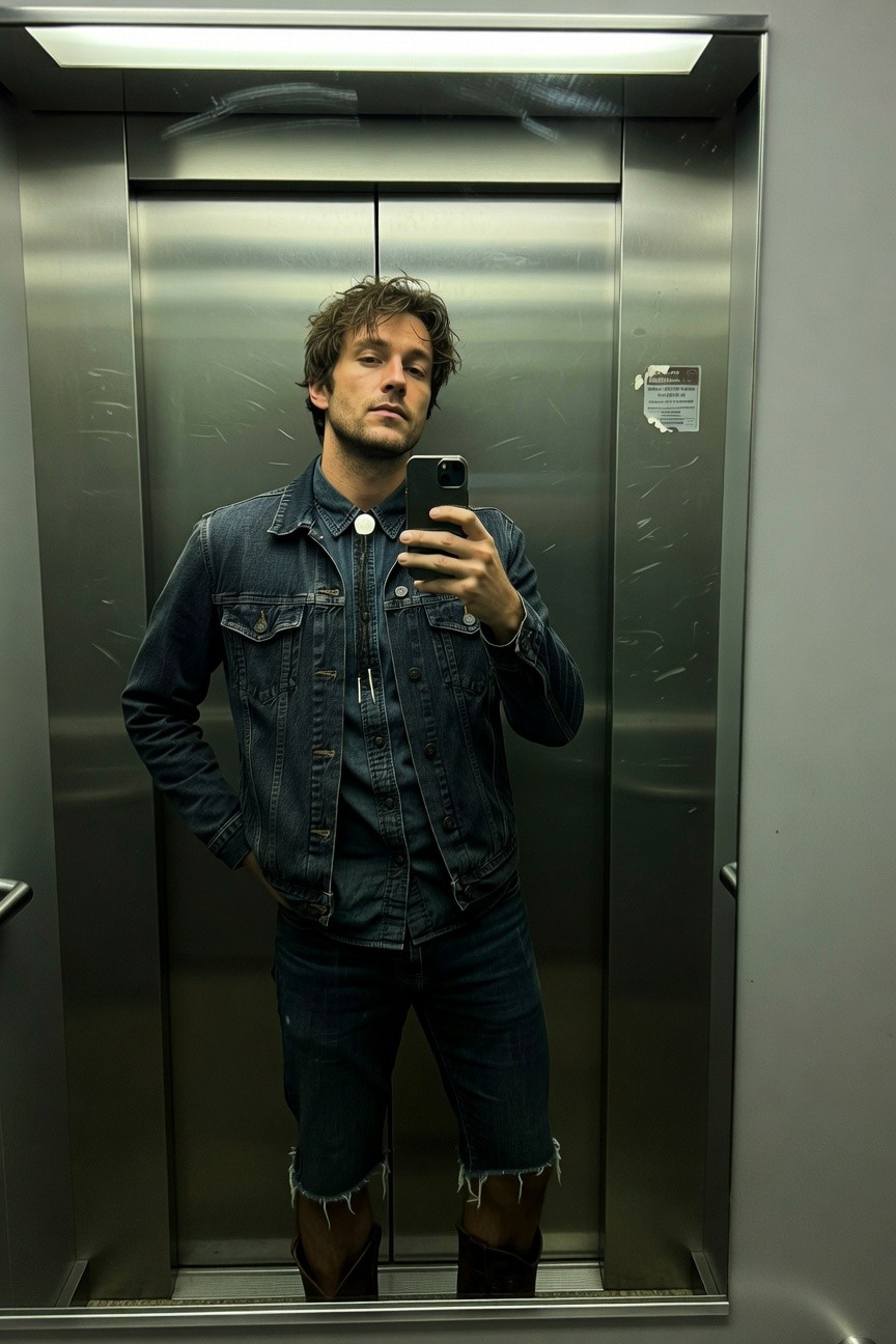 Mirror selfie of a man in an elevator wearing an open medium-wash denim jacket over a dark shirt, slim faded jeans with frayed hems, tan cowboy boots, necklace pendant, hands in pockets, tousled hair