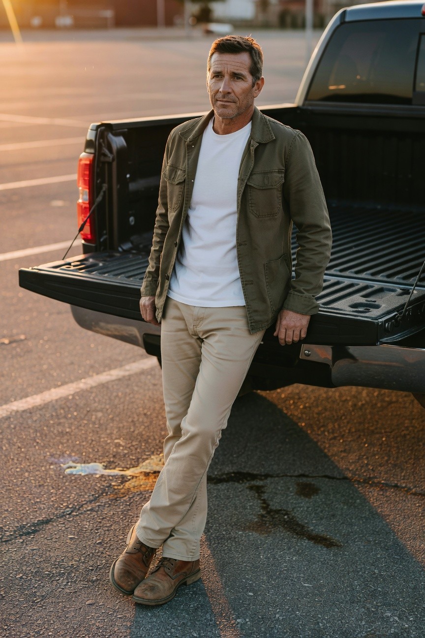 Man in olive green field jacket over white t-shirt, beige khaki chinos, and brown leather boots, leaning casually against truck bed in parking lot