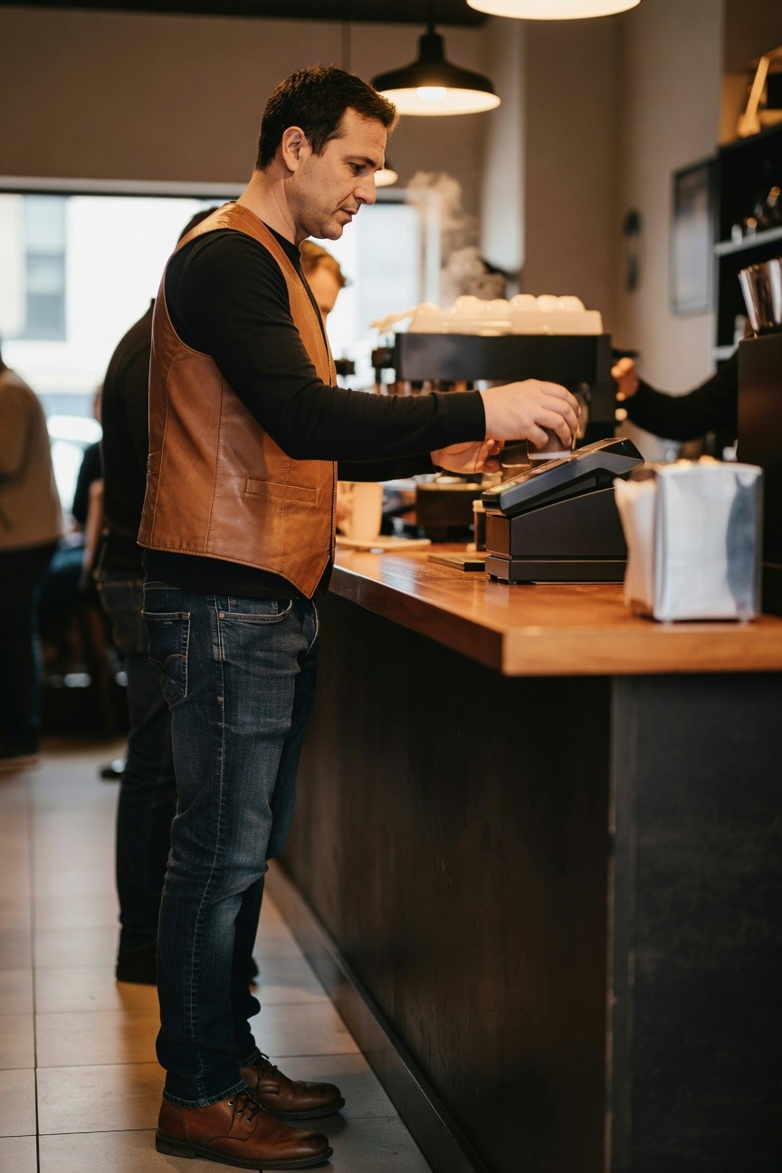 Man in brown leather vest over black long-sleeve shirt, dark slim jeans, and brown leather boots, standing at a coffee shop counter