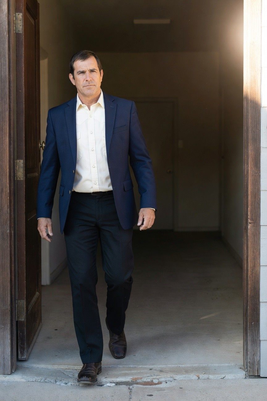 Man in fitted navy blazer over pale blue collared shirt, matching navy trousers, and brown leather dress shoes, standing in doorway with clean modern tailored style
