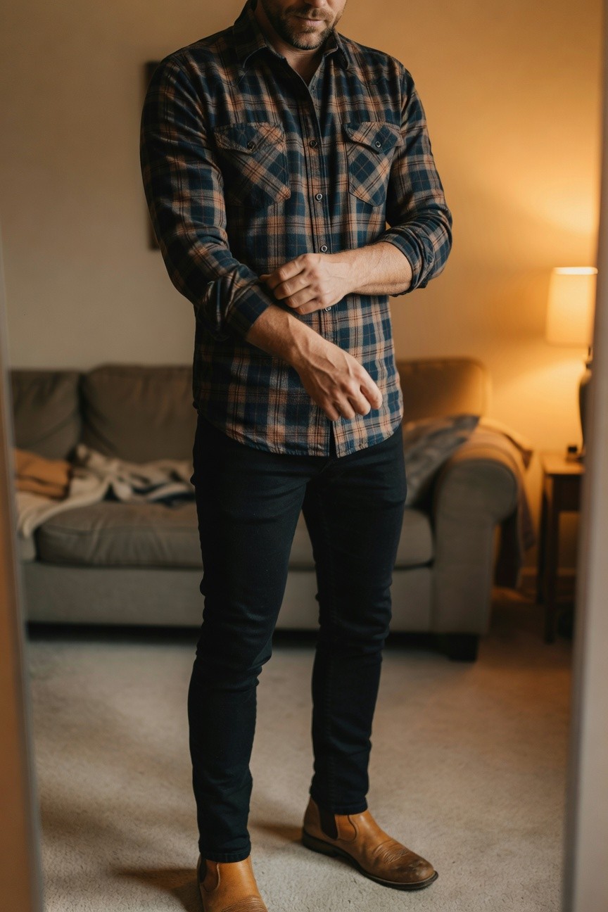 Man standing in front of mirror wearing navy plaid flannel shirt with rolled sleeves, black slim-fit pants, and tan leather chelsea boots for a modern cowboy look