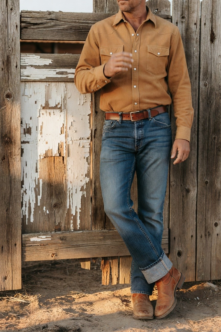 Man leaning casually in tan long-sleeve button-up shirt, straight blue jeans cuffed at ankles over brown boots, brown belt, holding a drink, against wooden fence