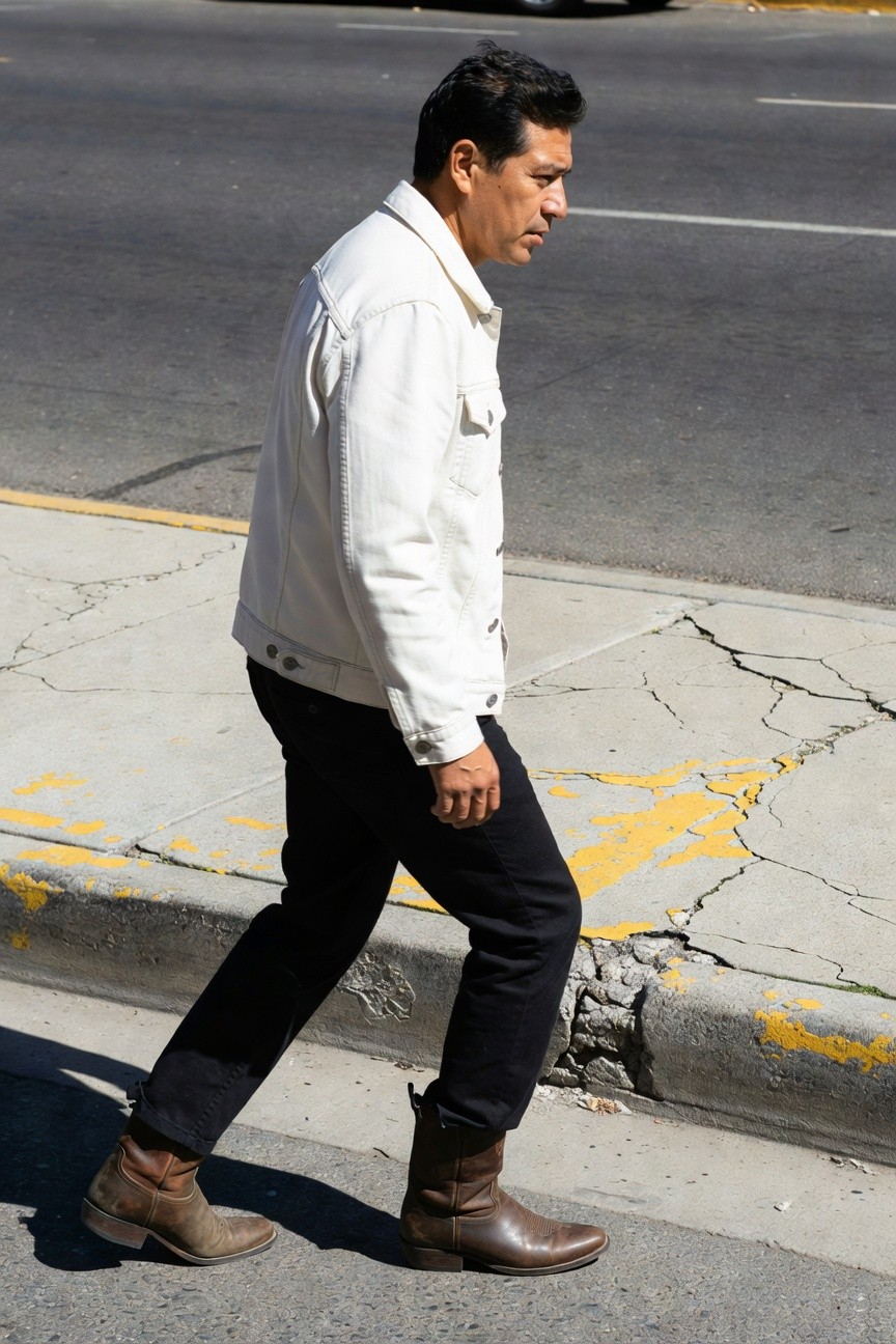 Man in off-white denim jacket, slim black pants, and brown cowboy boots walking on cracked sidewalk