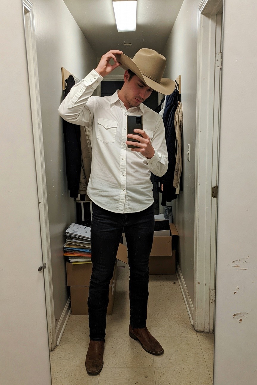 Man in a white long-sleeve button-up shirt, slim black jeans, brown ankle boots, and beige cowboy hat, posing in a narrow indoor hallway while taking a selfie