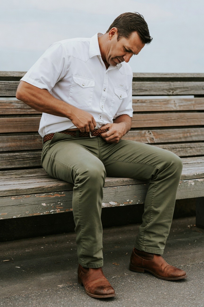 Man in white short-sleeve button-up shirt, olive green pants, brown leather belt and boots, sitting on wooden bench adjusting belt