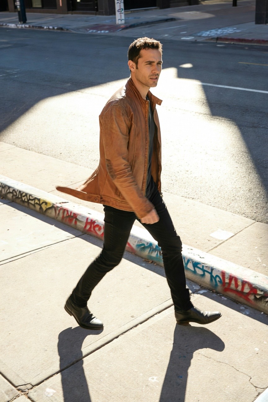 Man in open tan leather jacket over dark green shirt, slim black jeans, and black leather shoes walking on city sidewalk